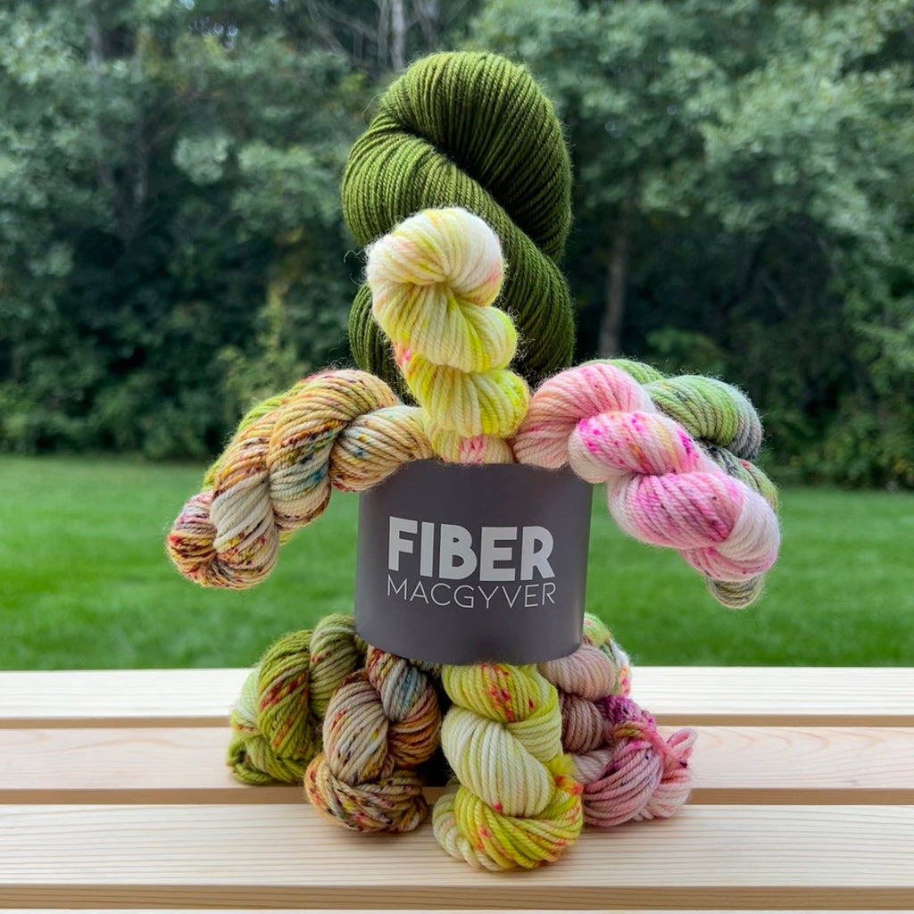 Thoughtfully curated Fiber MacGyver hand-dyed yarn bundles